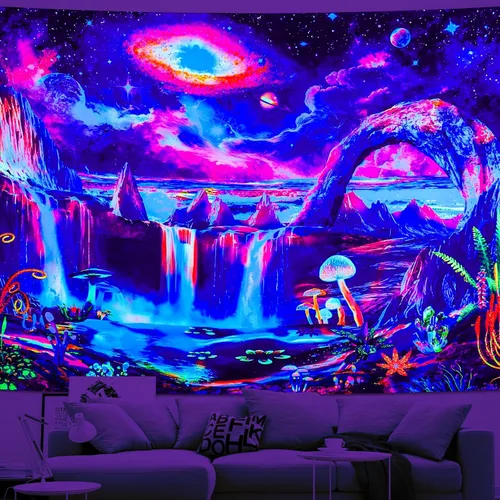 Miniatura 3 de Tapiz de luz negra, galaxia y planeta, tapiz reactivo a los rayos UV, tapiz de cascada de montaña para dormitorio, estético, ola misteriosa, lago