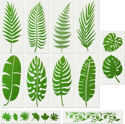 11 plantillas de hojas grandes de 12 x 6 pulgadas, plantillas de hojas de helecho de palma para pintar en paredes, plantas tropicales de naturaleza