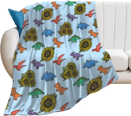 Miniatura 2 de Manta de dinosaurio y girasol, manta de franela de forro polar de 40 x 50 pulgadas, suave, cálida y ligera, mantas para sofá, cama, sofá de viaje