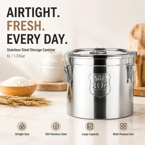Miniatura 2 de Recipiente hermético de acero inoxidable de 12L/2.64 galones, recipientes de almacenamiento de alimentos con tapa hermética y abrazadera de bloqueo