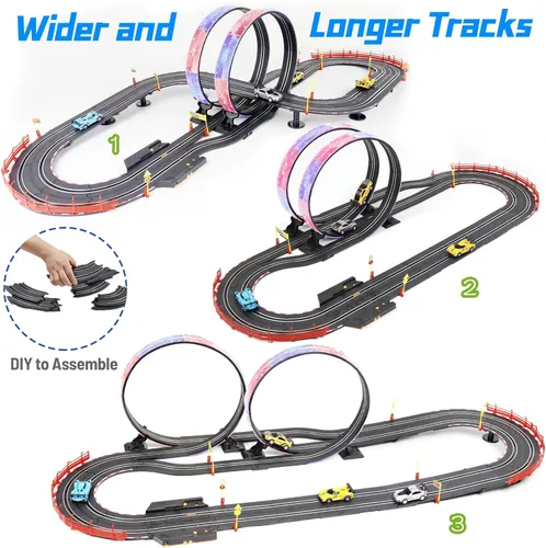 Miniatura 8 de Juego de pistas de carreras de autos de tragamonedas, pista eléctrica de 19 pies con luces LED y 4 autos de tragamonedas, 2 controladores de mano