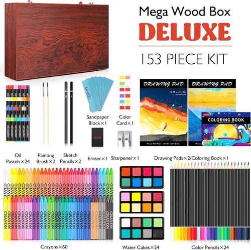 Miniatura 2 de Caliart Suministros de arte, paquete de 153 piezas de arte de lujo en estuche de madera, kits de pintura de dibujo para manualidades con 2 blocs