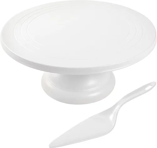 Miniatura 8 de ECOWAY Soporte de fibra de bambú para tartas de 12 pulgadas con espátula para pasteles, soporte redondo negro para cupcakes, soporte grande