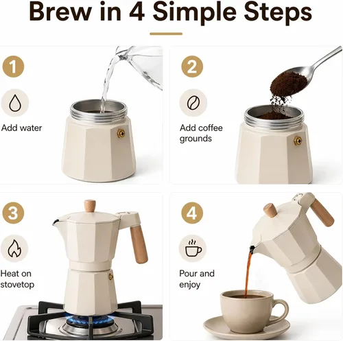 Miniatura 7 de ANGORA BRANDS Vondra - Olla de aluminio para moka (2 a 6 tazas), cafetera espresso para estufa, cafetera italiana clásica, cafetera percoladora