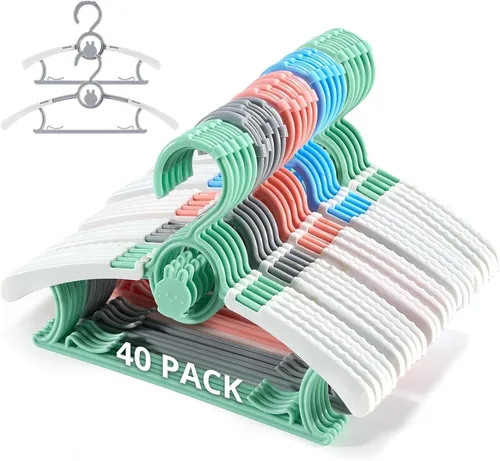 Miniatura 10 de Paquete de 60 perchas para niños, extensibles y apilables, perchas de mezcla de colores para niños pequeños, niños y adolescentes, perchas
