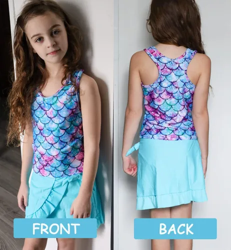 Miniatura 9 de Traje de baño tankini de 3 piezas para niñas, lindo bikini con salida de baño con falda de playa de 5 a 16 años