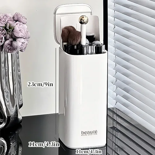 Miniatura 7 de Soporte de cepillo de maquillaje de elevación automática con tapa a prueba de polvo organizadores cosméticos para tocador-blanco