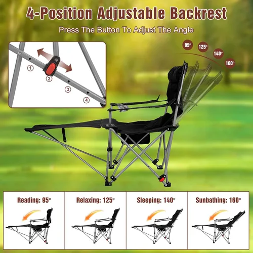 Miniatura 4 de Reclining Camping Chair with Footrest, 4-Position Adjustable Zero Gravity Chair, Portable Folding Camping Lounge Chair with Headrest Cup Holder &