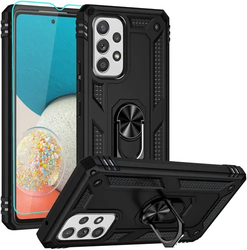 Androgate Funda de teléfono y protector de pantalla HD para Samsung Galaxy A53 5G, protección de grado militar, soporte de anillo, color negro