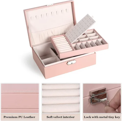 Miniatura 4 de Joyero para mujeres y niñas, contenedor organizador de joyas de 2 capas con cerradura, estuche de almacenamiento de piel sintética con bandeja