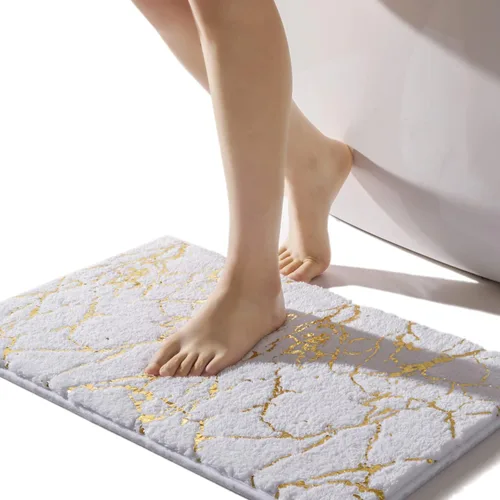 QJHOMO Alfombra de baño de mármol, alfombras de baño blancas y doradas decorativas, antideslizante, tapete de baño super absorbente de microfibra,