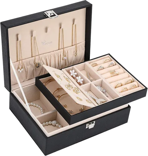 Voova - Joyero organizador para mujeres y niñas 2 capas de almacenamiento de joyas grandes para hombres soporte para joyas de piel sintética con