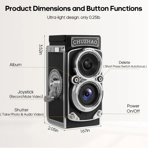 Miniatura 7 de Cámara digital mini retro de CHUZHAO - Cámara vintage estilo TLR de punto y disparo con enfoque automático para vlogging, compacta y portátil