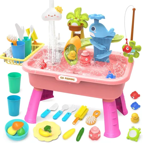 Fregadero de Juego de 21" de Alto con Agua Corriente, Juguete de Fregadero de Cocina 4 en 1 para Niños con Grifo Eléctrico, Mini Mesa de Agua con