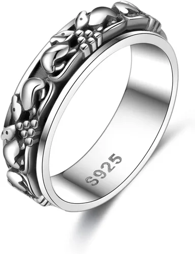 Miniatura 22 de YAFEINI Anillo giratorio de plata de ley con elefante, mal de ojo, abeja, cruz, cráneo, montaña, luna triple, conejo, anillo giratorio