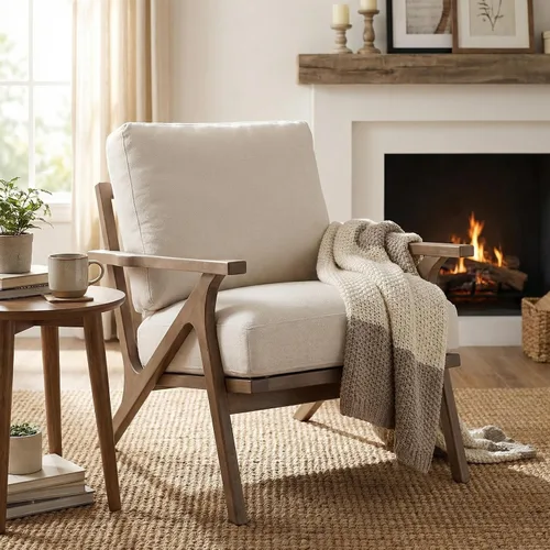 HNY Mid-Century - Silla decorativa tapizada moderna, sillón de tela de lino con marco de madera maciza, cómoda silla de descanso con almohada