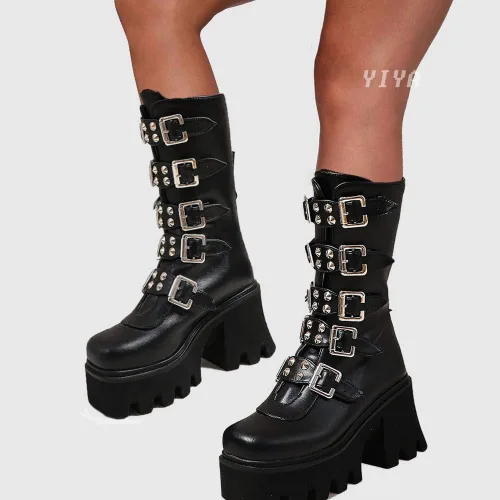 Miniatura 3 de YIYA - Botas de combate a media pantorrilla con estoperoles para mujer botas de plataforma góticas negras botines de plataforma con hebilla y punta