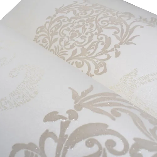 Miniatura 5 de Q QIHANG Color crema no tejido del rollo del papel pintado del polvo de la perla del damasco del estilo europeo 3D los 1.7 ft x 32.8 ft=5.3㎡ Blanco