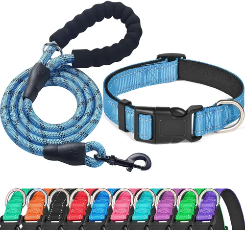 Miniatura 20 de Ladoogo Collar reflectante para perro acolchado con neopreno suave, collares de nailon transpirables y ajustables para perros pequeños, medianos