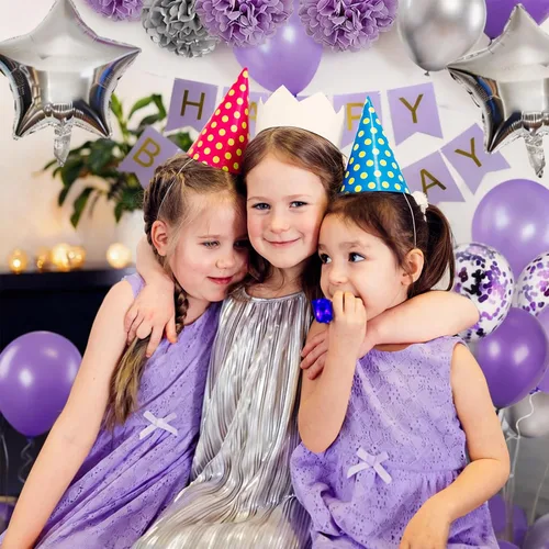 Miniatura 6 de Decoraciones de cumpleaños para niñas púrpura y plata Lavanda fiesta decoración Kit para ella mujer incluyendo feliz cumpleaños Banner pompón flor