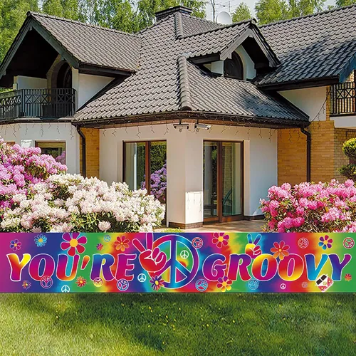 Miniatura 7 de Groovy - Pancarta larga con 118 x 19.7 pulgadas, decoración de fiesta de carnaval de los años 60, suministros de fondo para decoraciones retro hippie