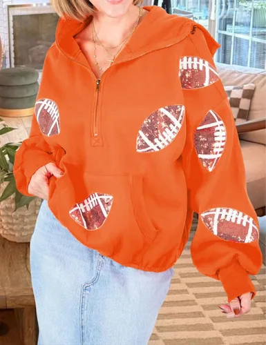 Miniatura 15 de SeekMe Sudaderas con capucha de lentejuelas para mujer, para el día del partido, suéteres de manga larga con cremallera y bolsillo