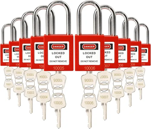 Miniatura 10 de Cerraduras de bloqueo con núcleo de latón, con llave diferente, 10 cerraduras de loto rojas, candados de seguridad compatibles con OSHA para kits