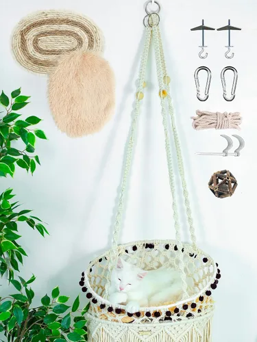 Miniatura 8 de KARCEEY Hamaca de macramé para gatos, cama colgante para pared y ventana, columpio bohemio con kit completo de herramientas y juguete de pezón