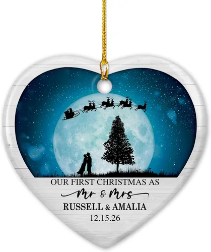 Miniatura 18 de Nuestro adorno de cerámica casado de 2ª Navidad, regalo personalizado de adorno de boda de oso polar, regalo de adorno de boda, Mr Mrs Married