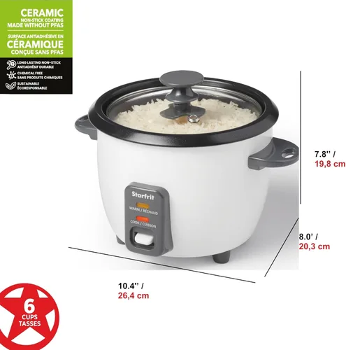 Miniatura 2 de Starfrit - Arrocera eléctrica, 6 tazas, 300 W, color blanco Cesta de vapor, taza medidora, cuchara de servicio, hace arroz perfecto