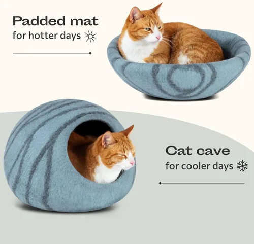 Miniatura 4 de MEOWFIA Cat Cave - Cama de fieltro prémium para gatos de interior, hecha a mano, 100% lana merino (aguamarina, mediana)