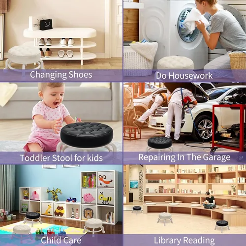 Miniatura 7 de Taburete bajo redondo rodante, de piel sintética, 360°, más cómodo, giratorio con cojín de esponja gruesa para salón de uñas, pedicura, spa y hogar