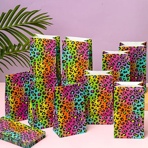 Miniatura 6 de Leinuosen 24 bolsas de papel de leopardo arcoíris neón, guepardo, regalo de fiesta de cumpleaños, guepardo, bolsas de papel para regalo de leopardo