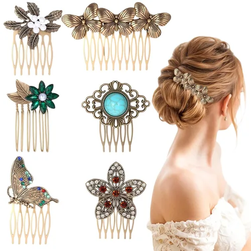 6 peines laterales de pelo dorado vintage, mariposa, flor, hoja, perla, diamantes de imitación, clip de diente dorado con giro francés, peine