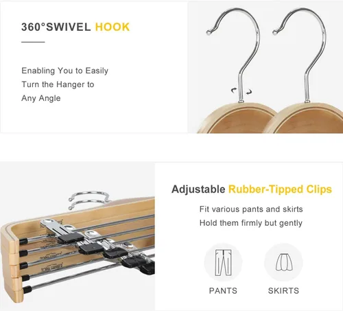 Miniatura 3 de Perchas de madera para pantalones TOPIA HANGER, perchas delgadas de madera natural para faldas con gancho antióxido y clips metálicos ajustables