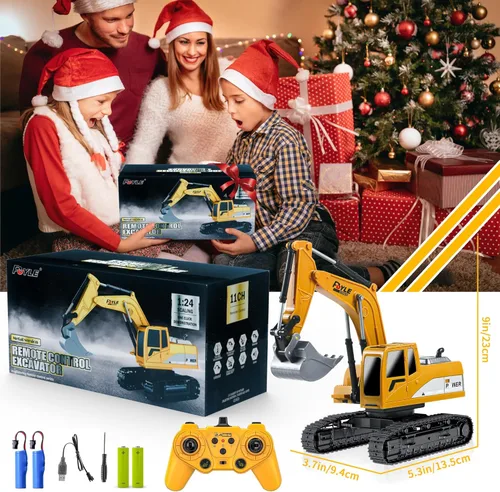 Miniatura 8 de Juguetes de excavadora a control remoto, 1: Camión excavador de ingeniería para niños con sonidos de luces de pala de metal, giros de 680 grados