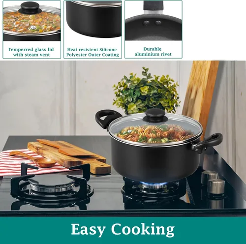 Miniatura 4 de Juego de utensilios de cocina de aluminio antiadherente de 7 piezas, ollas y sartenes, juegos de ollas y sartenes antiadherentes con tapas para Negro