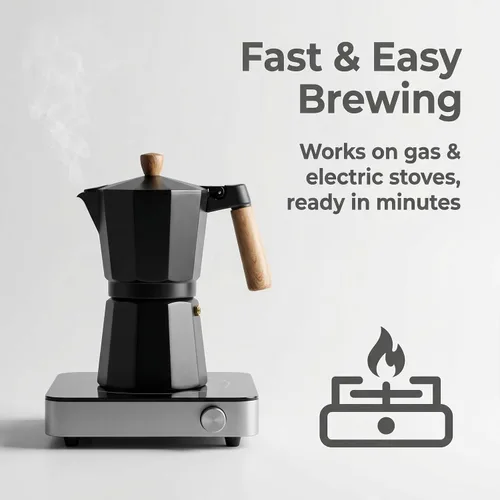 Miniatura 3 de Cafetera italiana de aluminio Moka Pot Espresso (3 tazas) (6 tazas) (9 tazas) (Beige+madera, 3 tazas de espresso)