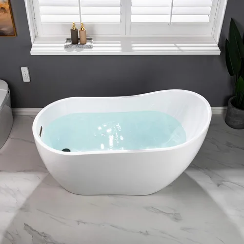 Miniatura 9 de WOODBRIDGE - Tina de baño independiente de acrílico contemporánea de 54 pulgadas color blanco, con rebosadero y drenaje de bronce cepillado al óleo