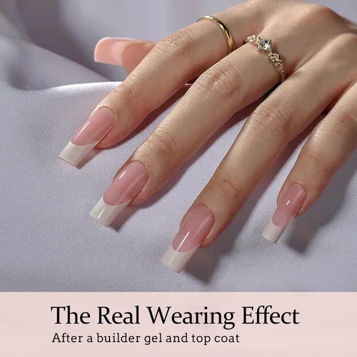 Miniatura 3 de BTArtboxnails XCOATTIPS - Uñas a presión con punta francesa blanca, color rosa, cuadradas, largas, uñas postizas acrílicas removibles por remojo