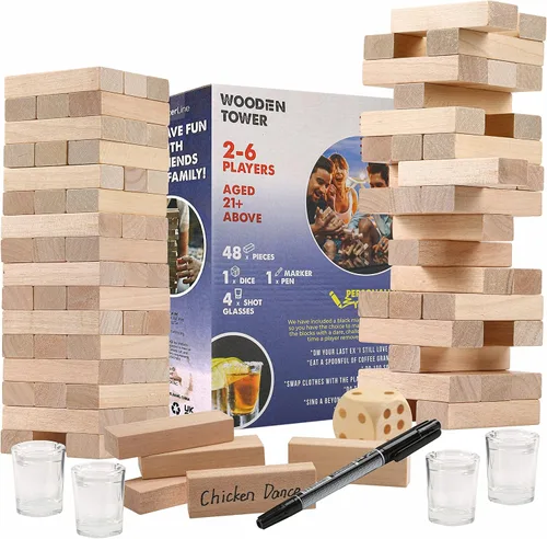 Juego de madera de bloques apilables para beber, 48 piezas, torre para adultos, juego de fiesta de amigos, despedida de soltero, despedida de