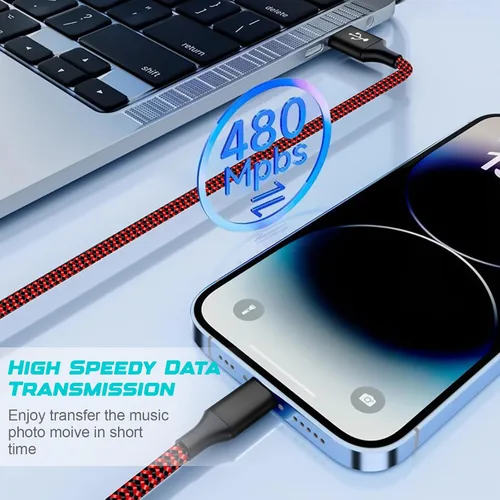 Miniatura 6 de Paquete de 3 cables de carga para iPhone de 6 pies con certificación MFi, trenzados, de carga rápida, duraderos y curvados de 25 K+ para iPhone