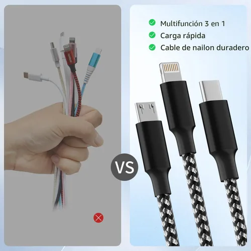 Miniatura 3 de Cable de carga múltiple (paquete de 2 cables de 4 pies) 3 en 1 para múltiples dispositivos, cable de carga universal trenzado de nailon para Negro