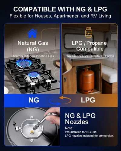 Miniatura 4 de Placa de cocina de gas de 12 pulgadas, estufa de gas de 2 quemadores, instalación integrada o de encimera, vidrio templado negro, convertible a