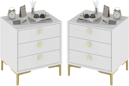 Miniatura 11 de Homsee Mesita de noche de 3 cajones, moderna mesita de noche con almacenamiento, mesa auxiliar versátil con patas de metal para dormitorio, sala