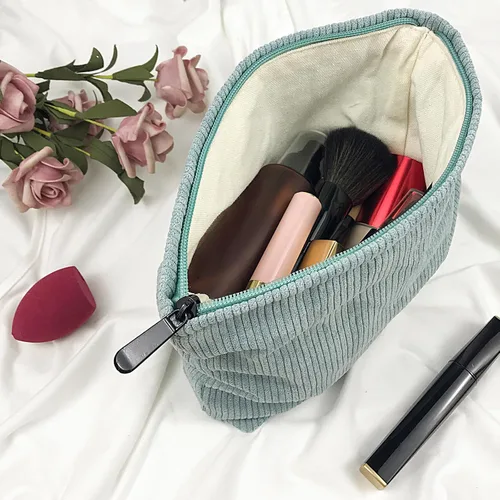 Miniatura 4 de Bolsa de maquillaje para mujeres, bolsa de cosméticos de pana con diseño estético, bolsa de mano para damas, estuche para lápices para niñas, lindo