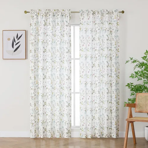 Miniatura 16 de Chyhomenyc Cortinas de mezcla de lino de 63 pulgadas de largo, 2 paneles de cortina con estampado floral filtrante de luz para sala de estar
