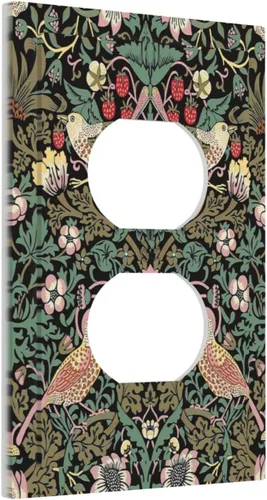 Morris - Placa decorativa de interruptor de luz de 1 banda, diseño vintage floral con fresas, pájaros y motivos botánicos en color oliva, placa de