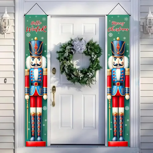 Miniatura 4 de BlissYard Estandartes de Porche Navideños de Cascanueces 12×71 Pulgadas Hola Invierno Feliz Navidad Decoraciones de Puerta Estandarte de Soldado