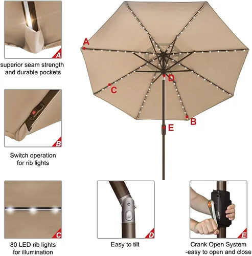 Miniatura 4 de EliteShade - Sombrilla solar de 9 pies / 2.74 metros, con 80 luces LED para patio, mesa al aire libre, con ventilación y cubierta que no se decolora